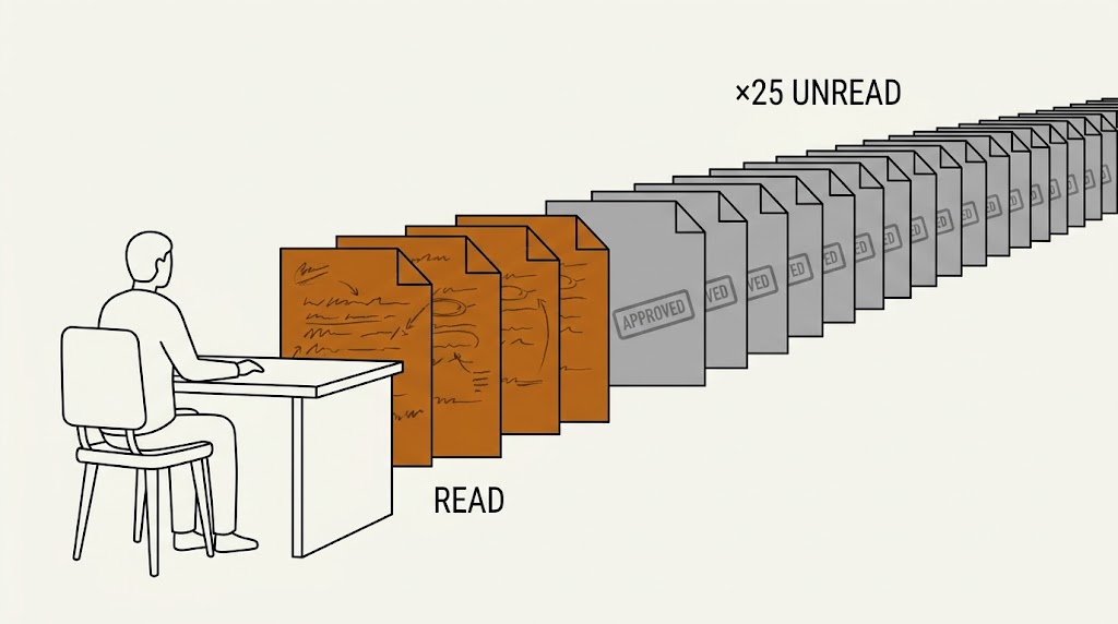 A person closely reading the first three of a very long row of documents; the remaining twenty five are already stamped approved, unread.