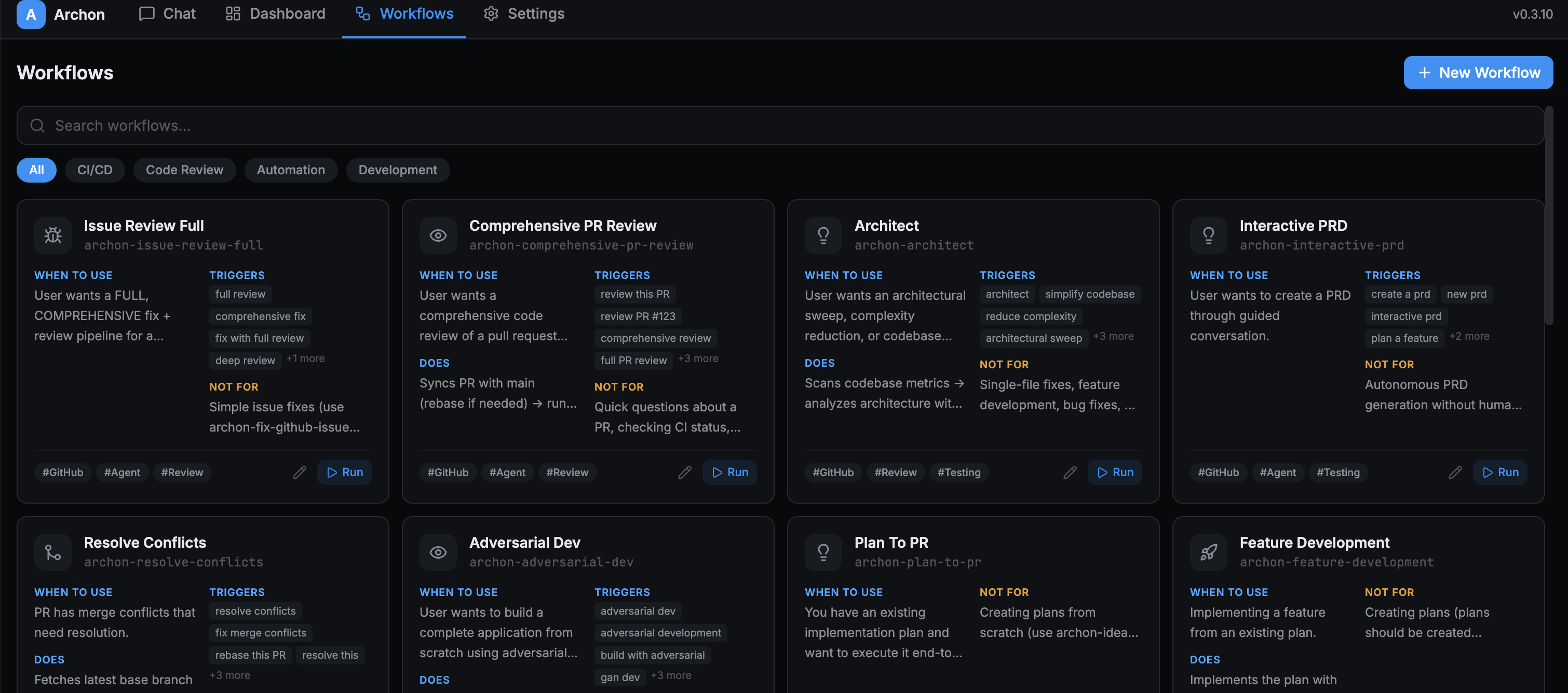 The Archon Workflows tab, showing bundled workflows as cards. Each card has WHEN TO USE, TRIGGERS, DOES and NOT FOR fields, category tags, and a Run button.