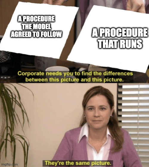 The Office meme. Pam holds up two sheets of paper, one reading "A procedure the model agreed to follow" and the other "A procedure that runs." Caption: "Corporate needs you to find the differences between this picture and this picture." Pam says: "They're the same picture."