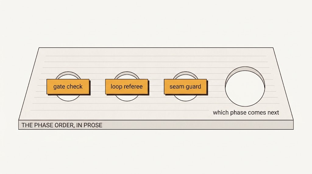 A wide slab representing the phase order written as prose, punched through by four holes. Three holes are covered by small amber plates labelled gate check, loop referee and seam guard. The fourth and largest hole, labelled "which phase comes next", is left open.